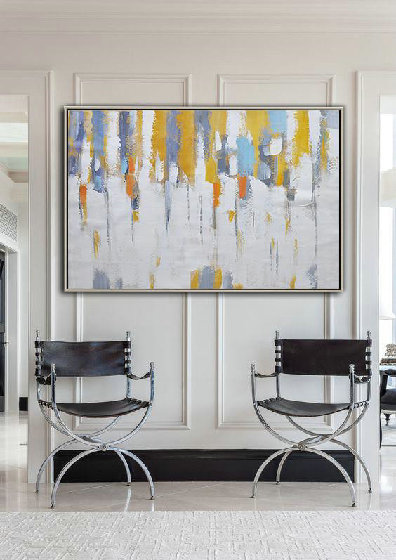 Oversized Canvas Art On Canvas,Oversized Horizontal Contemporary Art,Size Extra Large Abstract Art,White,Yellow,Purple Grey.etc